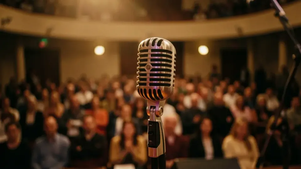 Loquillo, a Spanish rock musician, stands on stage with a vintage microphone.