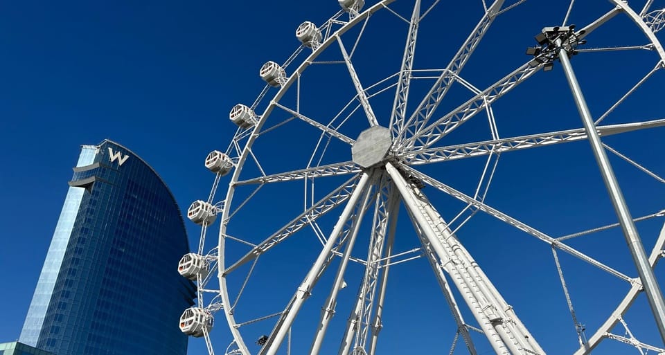 Monumental Ferris Wheel near Hotel W Barcelona, with the sea and city in the background