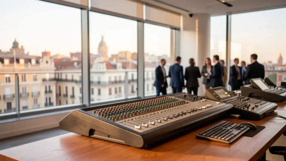 Modern office in Barcelona with audiovisual equipment, showing screens and creative workspace