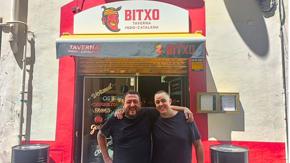 Jordi Bernús and Jordi Devesa, chefs and owners of El Bitxo, standing in their new Catalan-Indonesian restaurant kitchen.