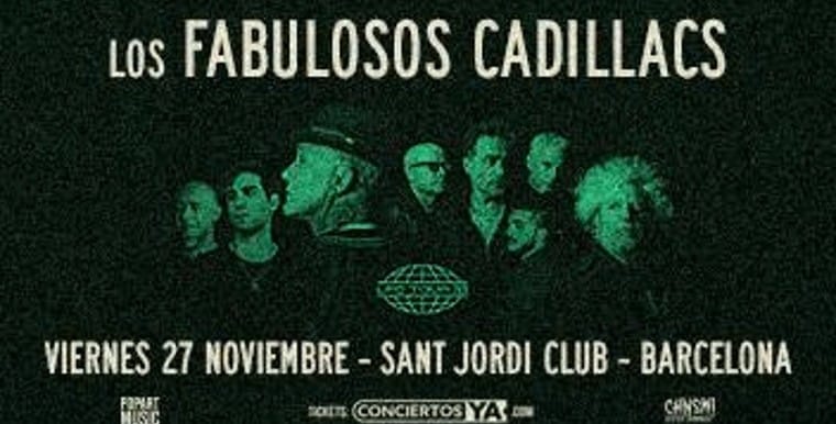 Los Fabulosos Cadillacs performing live on stage with a large crowd in front of them.
