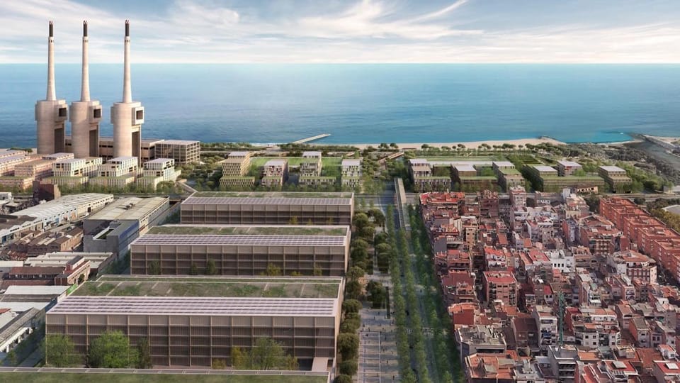 Architectural rendering of the proposed Inditex corporate campus in Sant Adrià de Besòs with modern buildings and green space